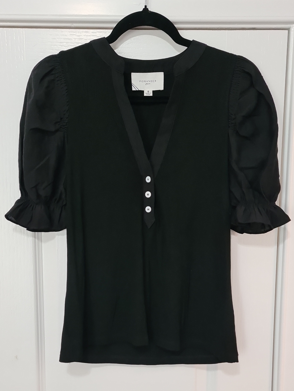 Pomander Place (Tuckernuck) - Livia Black V-Neck Puff-Sleeve Blouse